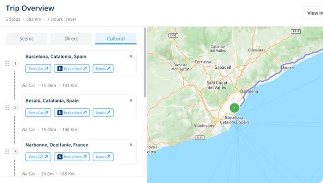 Trip details view with map, stop pages, nearby hotels, and fuel estimate.
