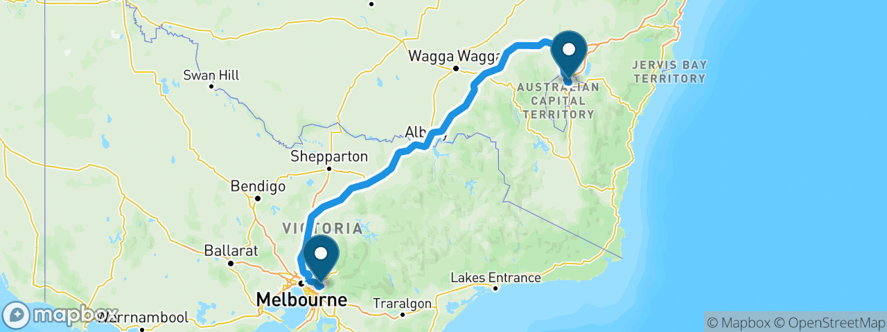 Driving route from Melbourne to Canberra