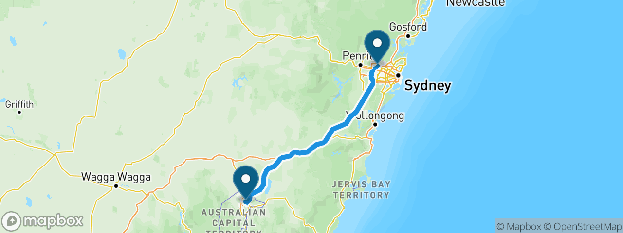 Driving route from Sydney to Canberra
