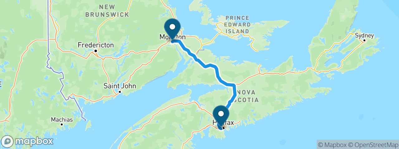 Driving route from Halifax to Moncton