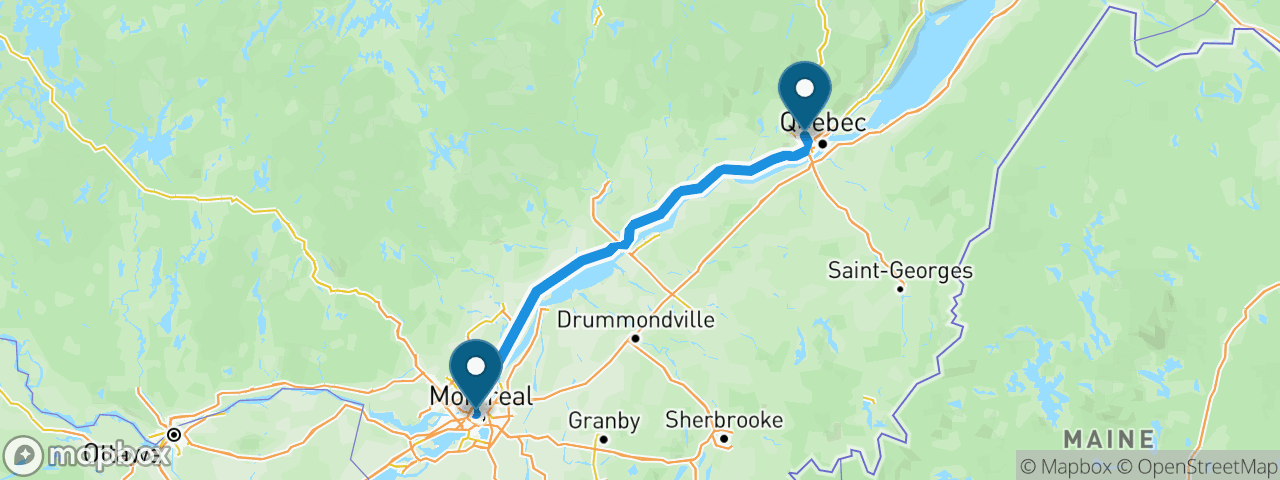 Driving route from Montreal to Quebec City