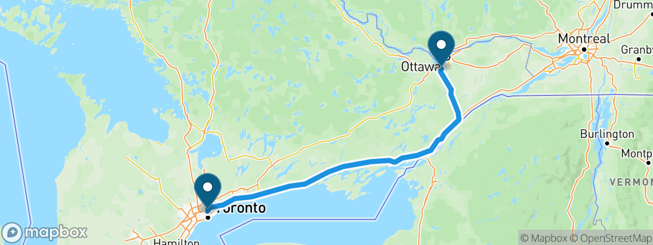 Driving route from Toronto to Ottawa