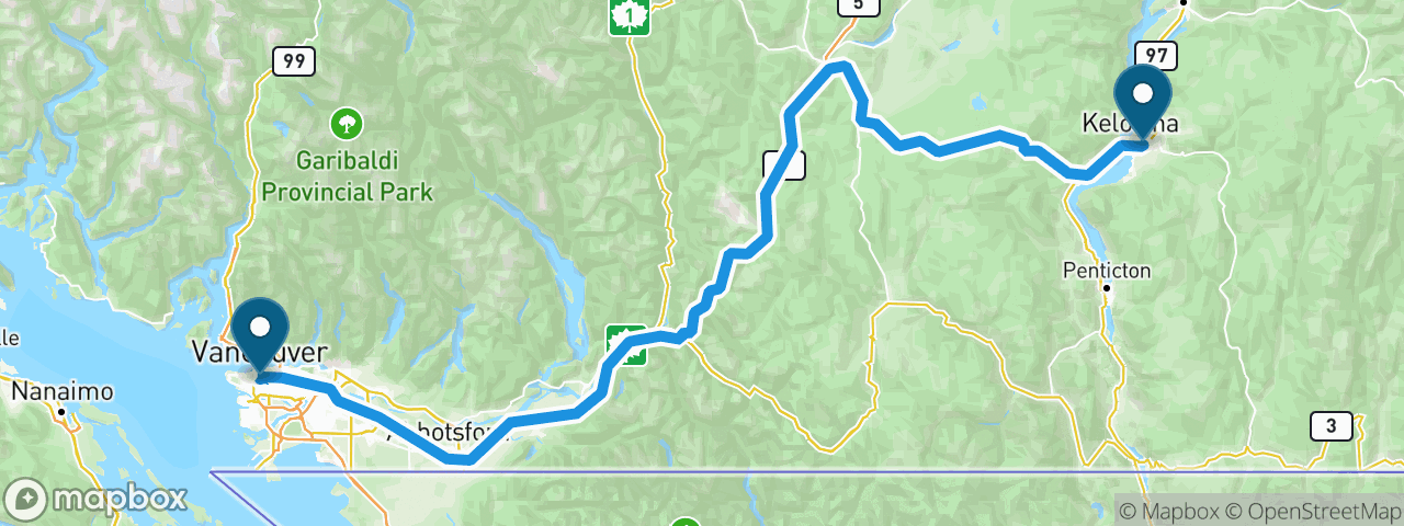 Driving route from Vancouver to Kelowna