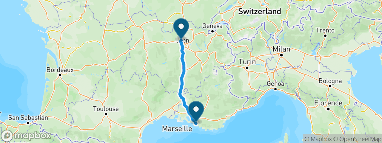 Driving route from Lyon to Marseille