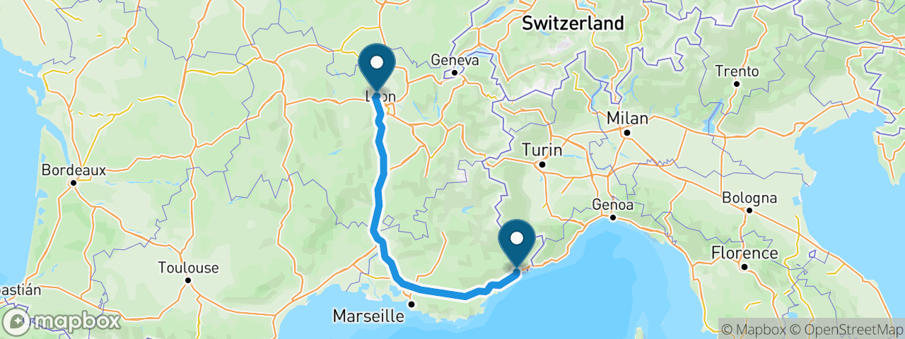 Driving route from Lyon to Nice