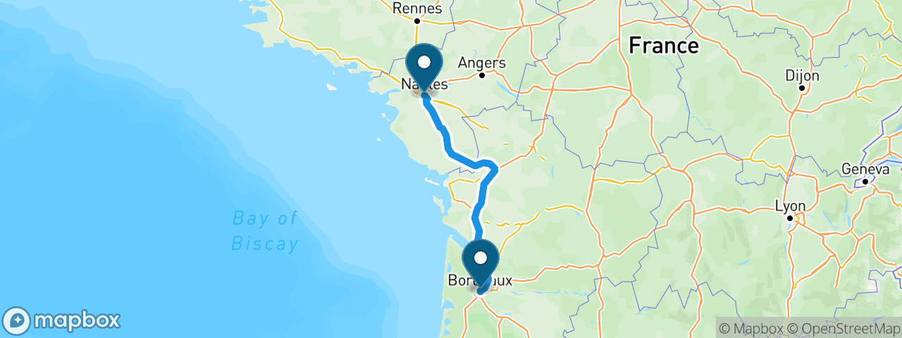 Driving route from Nantes to Bordeaux