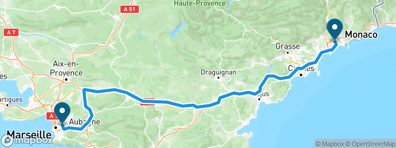 Driving route from Nice to Marseille