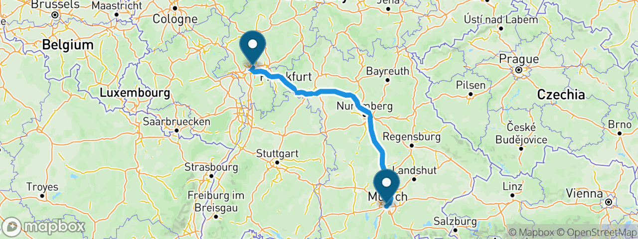Driving route from Frankfurt to Munich