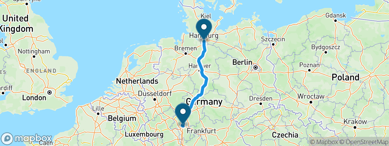 Driving route from Hamburg to Frankfurt