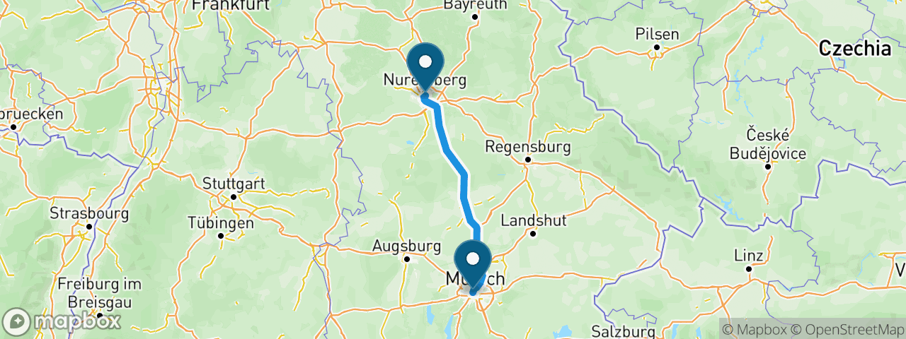 Driving route from Munich to Nuremberg