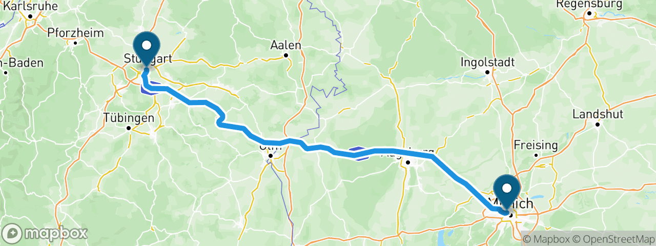 Driving route from Munich to Stuttgart