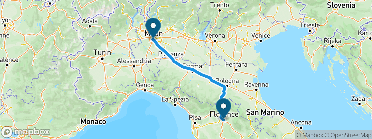 Driving route from Milan to Florence