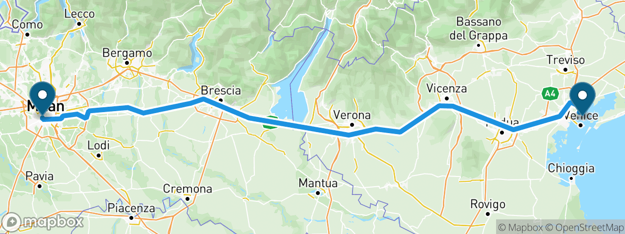 Driving route from Milan to Venice