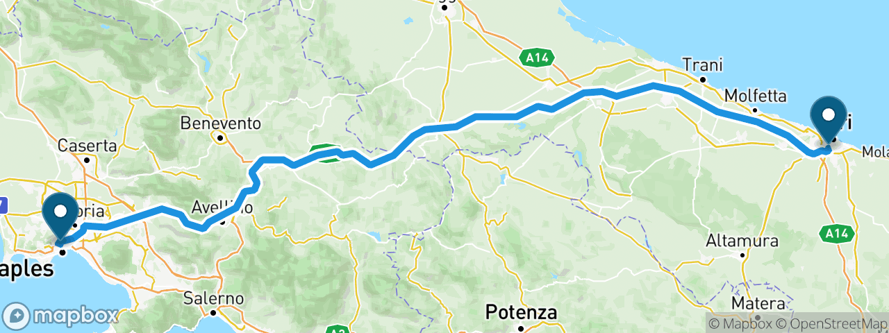 Driving route from Naples to Bari