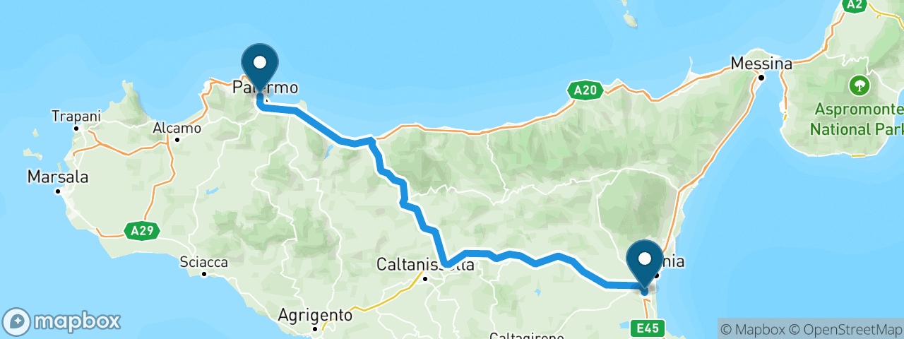 Driving route from Palermo to Catania