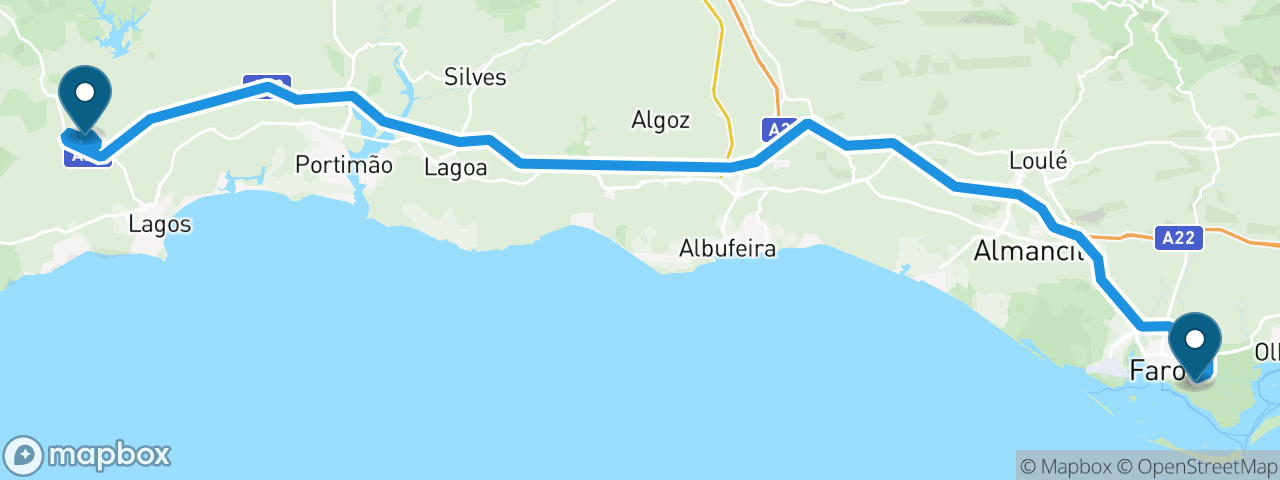 Driving route from Faro to Lagos