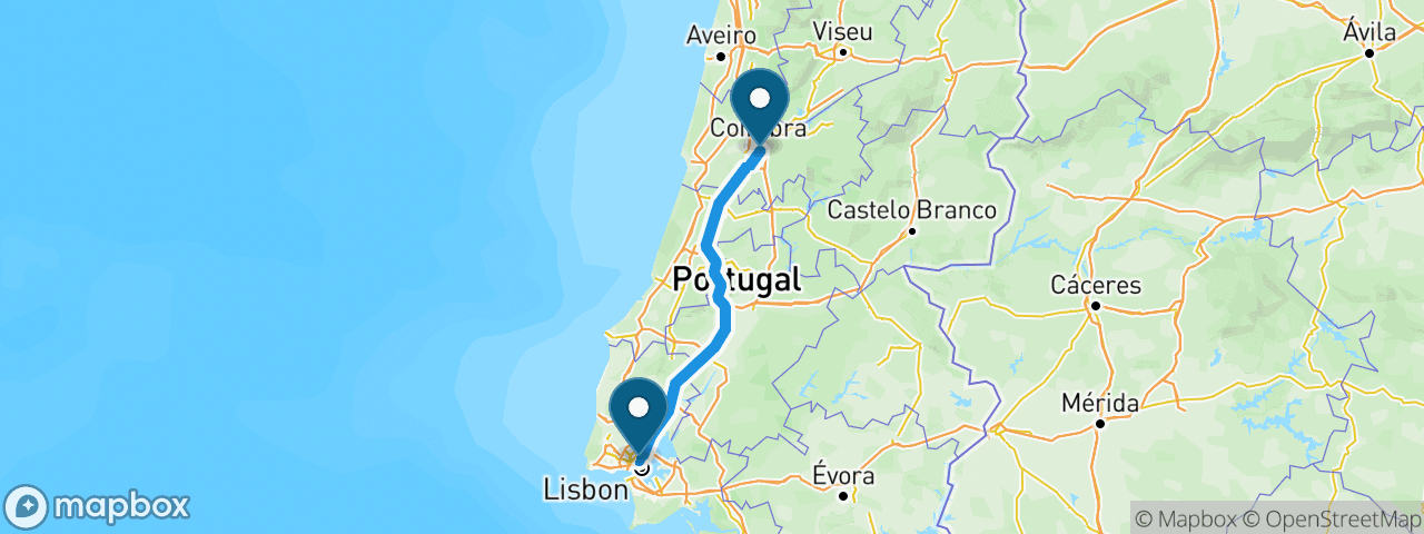 Driving route from Lisbon to Coimbra