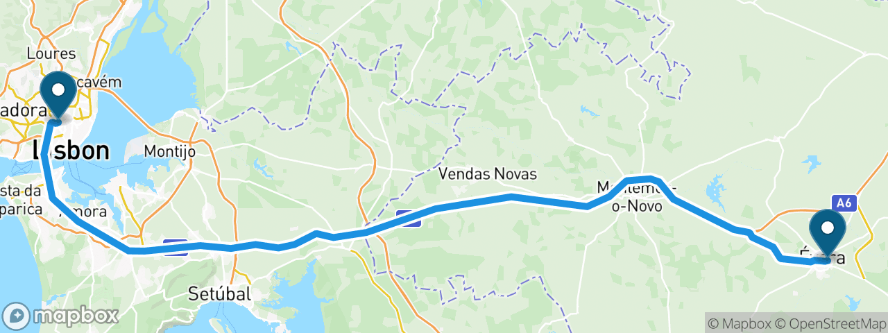 Driving route from Lisbon to Evora