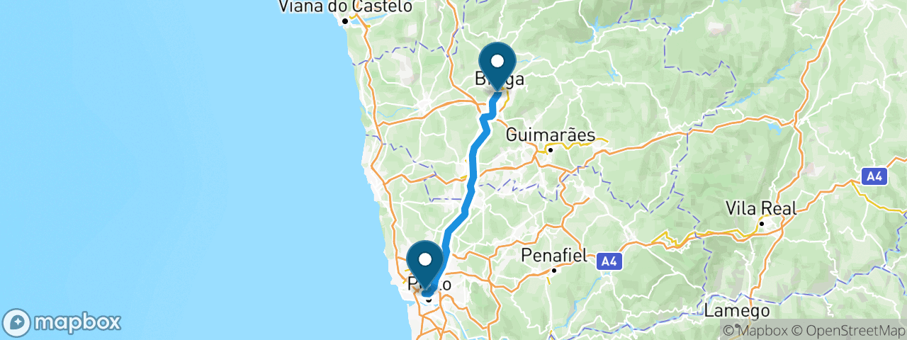 Driving route from Porto to Braga