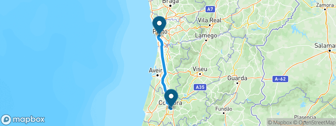 Driving route from Porto to Coimbra