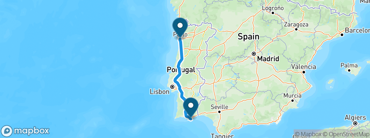 Driving route from Porto to Faro