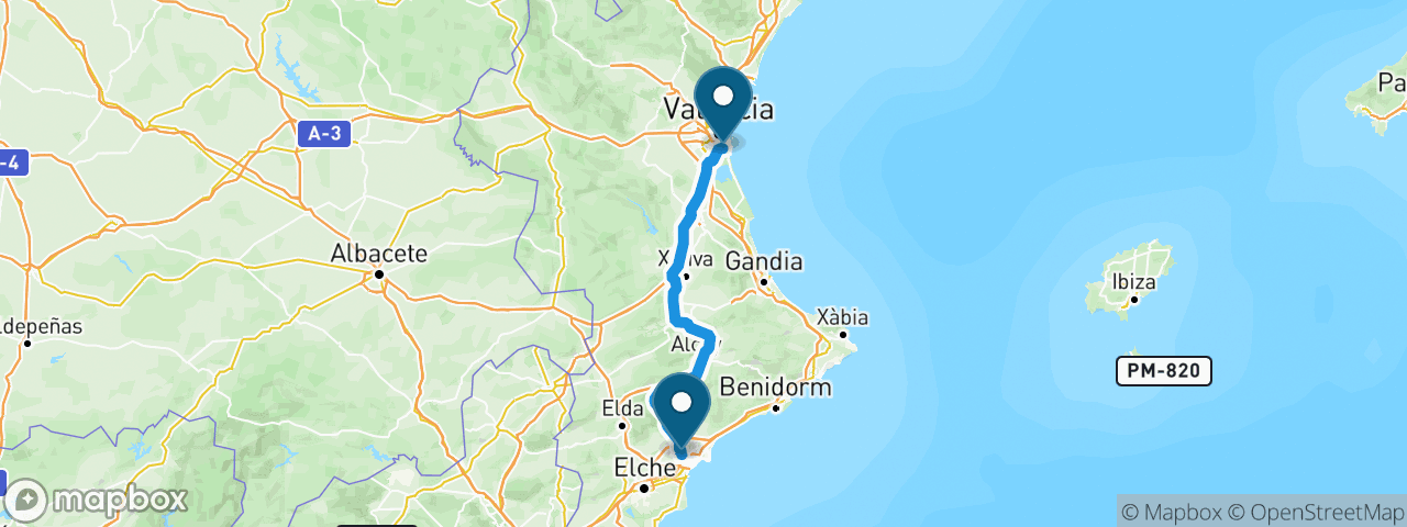 Driving route from Alicante to Valencia