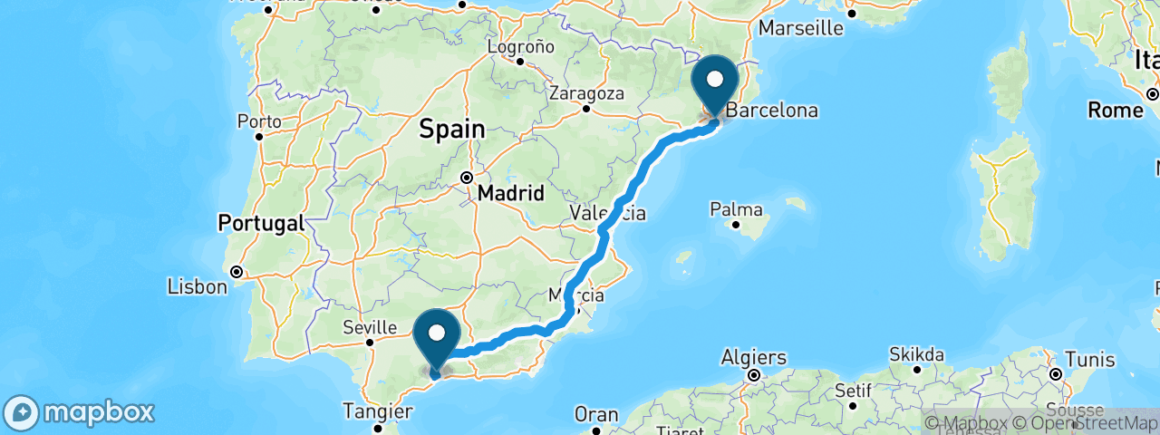 Driving route from Barcelona to Malaga