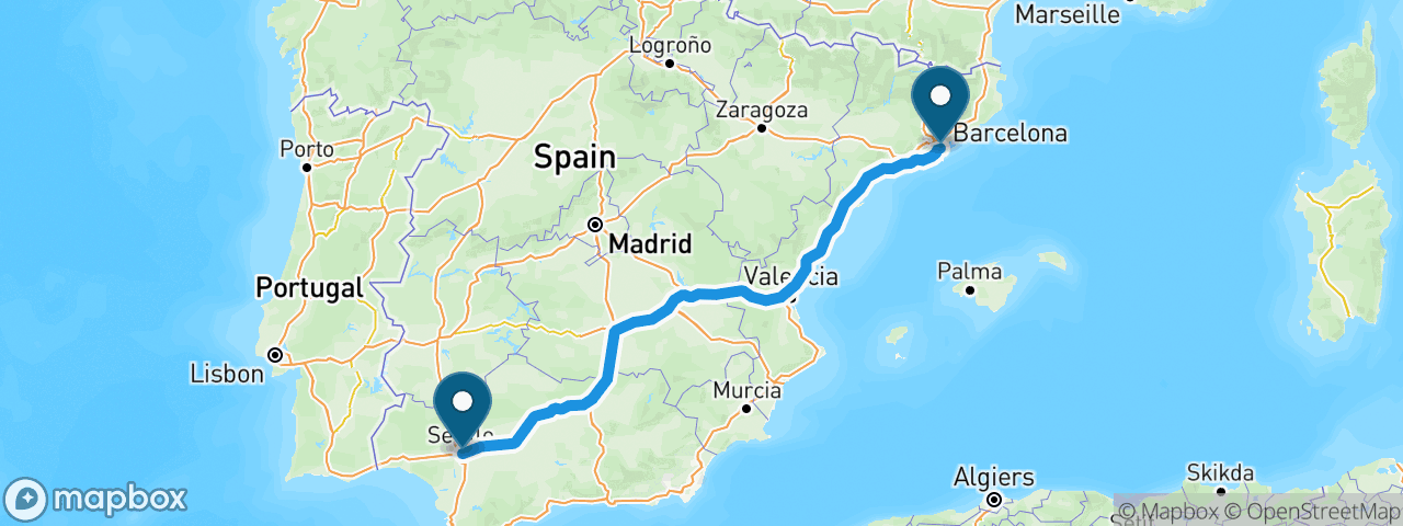 Driving route from Barcelona to Seville