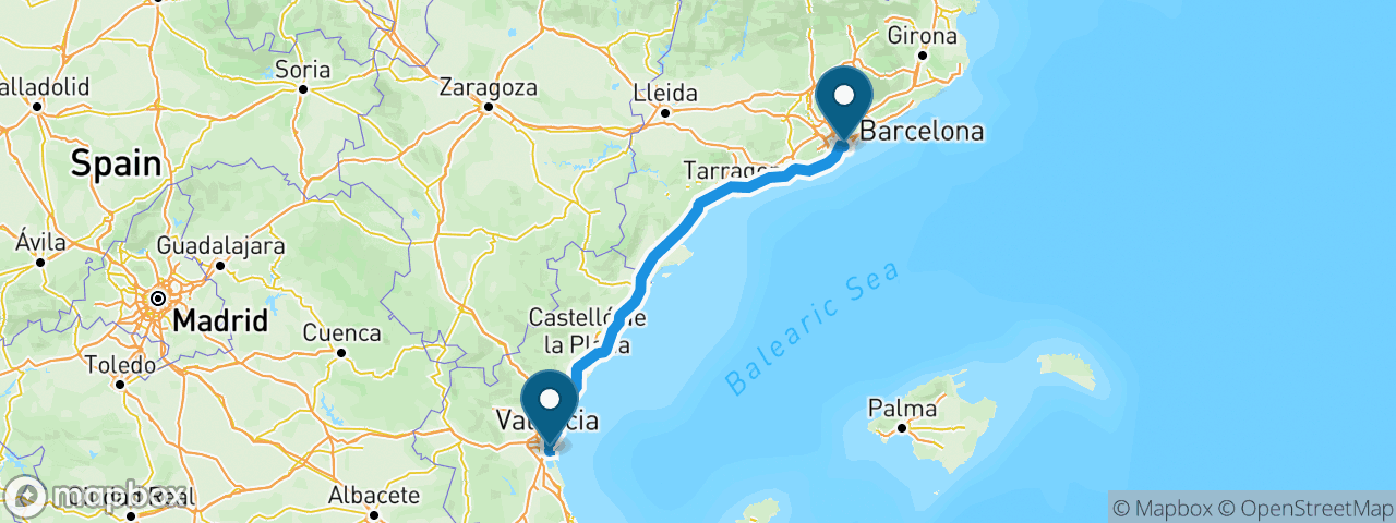 Driving route from Barcelona to Valencia