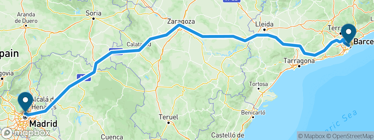Driving route from Madrid to Barcelona