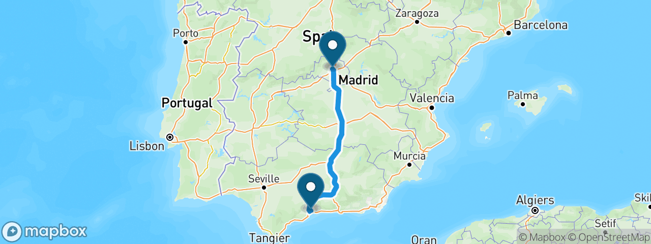 Driving route from Madrid to Malaga