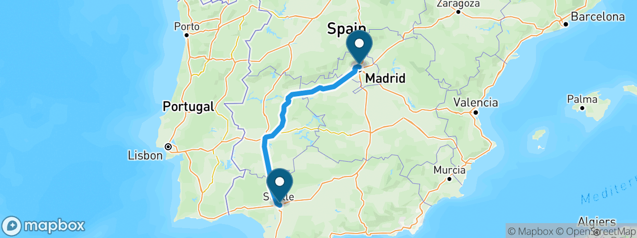 Driving route from Madrid to Seville