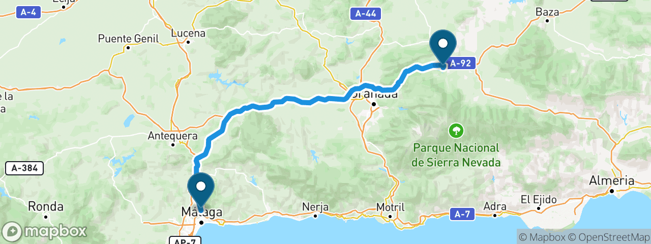 Driving route from Malaga to Granada