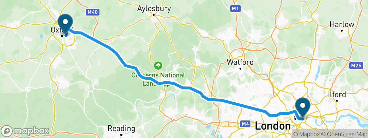 Driving route from London to Oxford