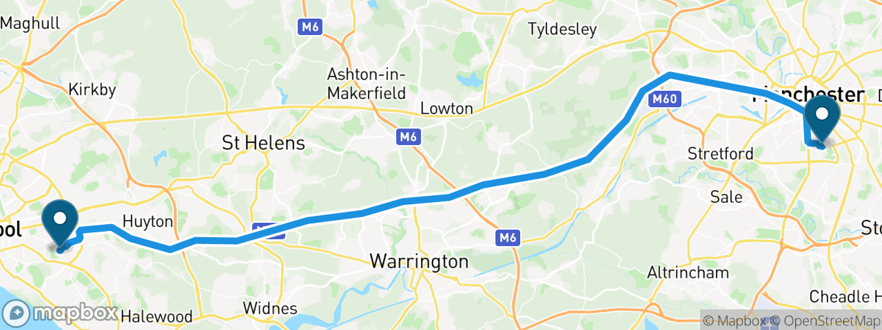 Driving route from Manchester to Liverpool