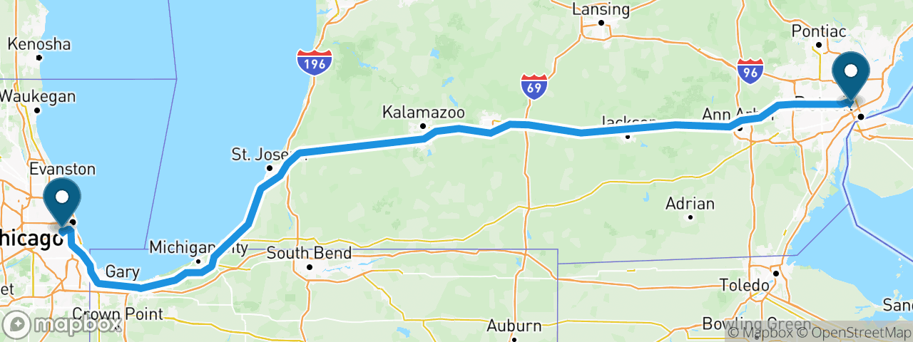 Driving route from Chicago to Detroit