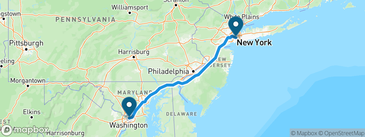 Driving route from New York to Washington, D.C.